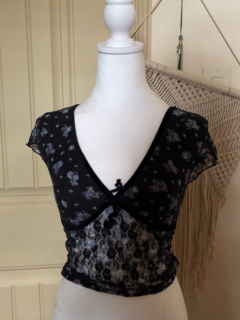 Urban Outfitters Black Sheer Lace Floral Crop Top
